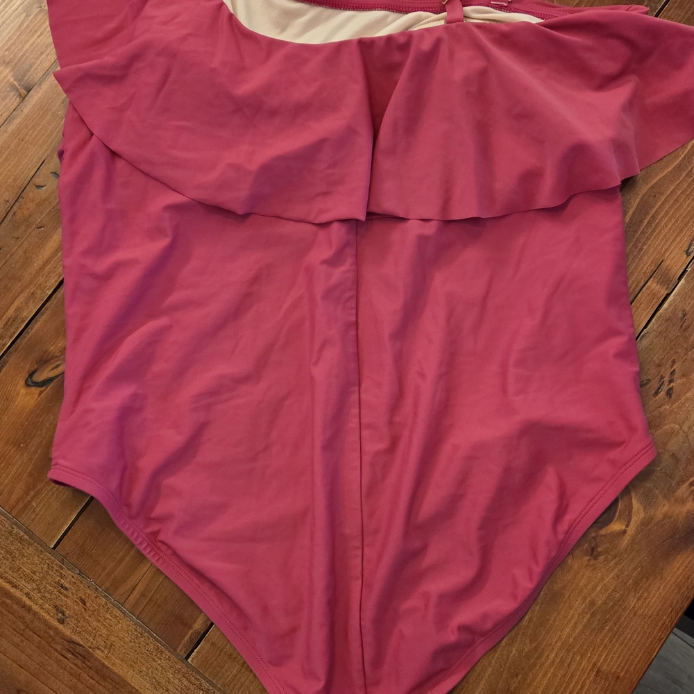 Kona Sol Raspberry One-Shoulder Ruffle Swim One Piece - Picture 2 of 4